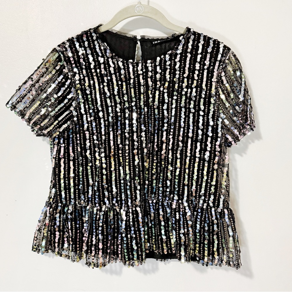 INA Black Sequin Peplum Short Sleeve Blouse Size Small NWT